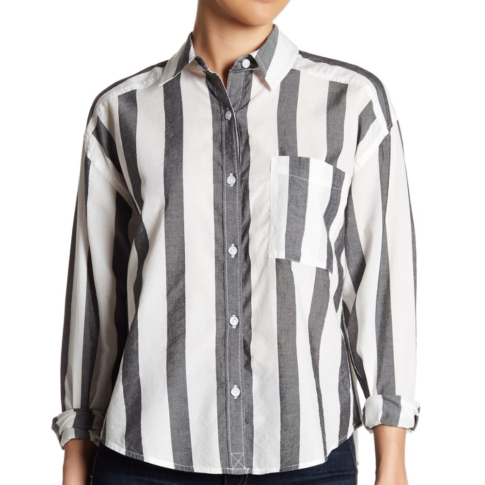 Long Sleeve Stripe Chest Pocket Blouse